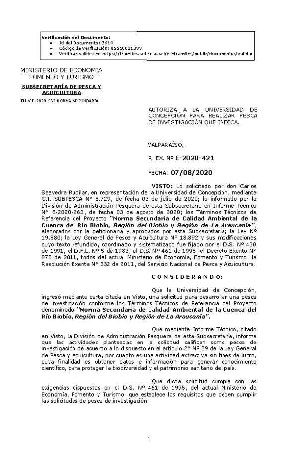 R. EX. Nº E-2020-421 Norma Secundaria de Calidad Ambiental de la Cuenca del Río Biobío, Región del Biobío y Región de La Araucanía. (Publicado en Página Web 10-08-2020)