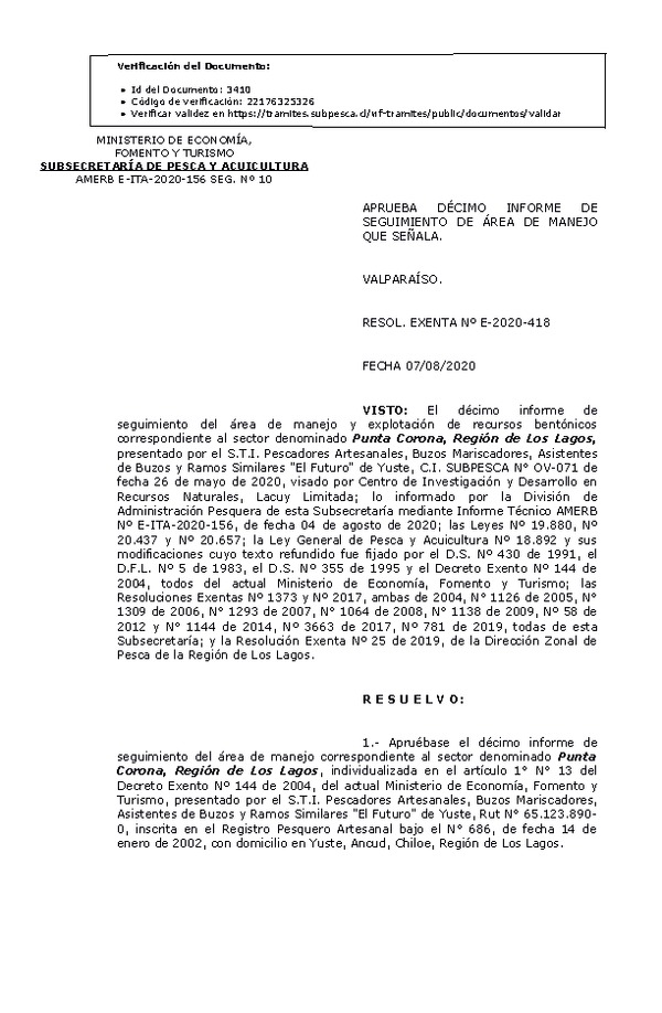R. EX. Nº E-2020-418 10° Seguimiento. (Publicado en Página Web 10-08-2020)