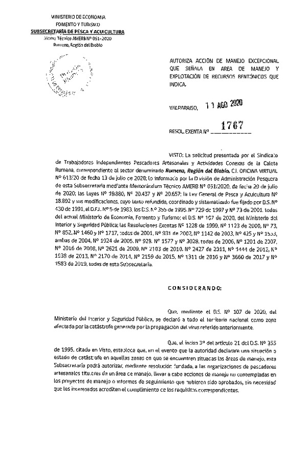 Res. Ex. N° 1767-2020 Autoriza Acción de Manejo Excepcional que Indica. (Publicado en Página Web 12-08-2020)