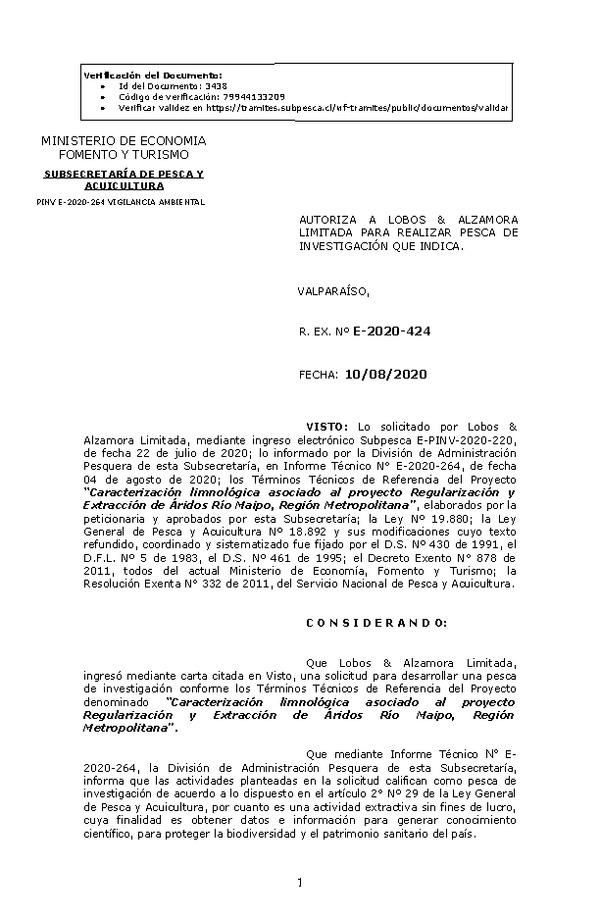 R. EX. Nº E-2020-424 Caracterización limnológica asociado al proyecto Regularización y Extracción de Áridos Río Maipo, Región Metropolitana. (Publicado en Página Web 12-08-2020)