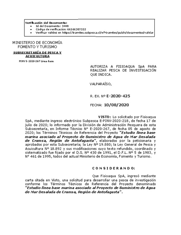 R. EX. Nº E-2020-425 Estudio línea base marina asociado al Proyecto de Suministro de Agua de Mar Desalada de Cramsa, Región de Antofagasta. (Publicado en Página Web 12-08-2020)