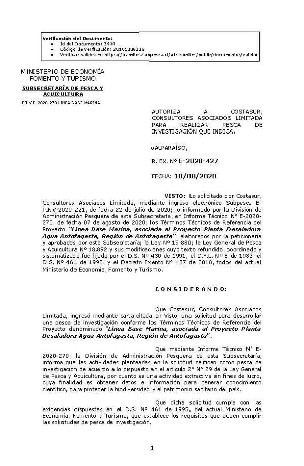 R. EX. Nº E-2020-427 Línea Base Marina, asociada al Proyecto Planta Desaladora Agua Antofagasta, Región de Antofagasta. (Publicado en Página Web 12-08-2020)
