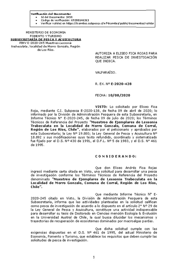 R. EX. Nº E-2020-428 Muestreo de Ejemplares de Lessonia Trabeculata en la Localidad de Morro Gonzalo, Comuna de Corral, Región de Los Ríos, Chile. (Publicado en Página Web 12-08-2020)