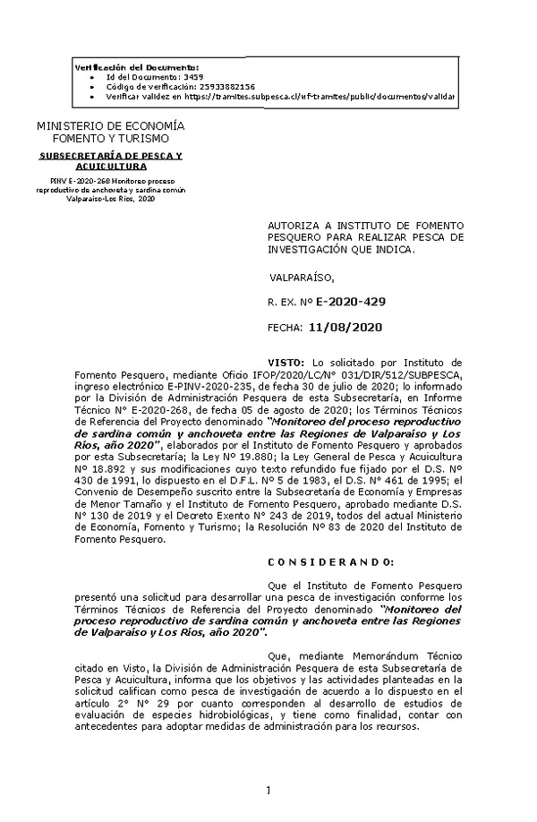 R. EX. Nº E-2020-429 Monitoreo del proceso reproductivo de sardina común y anchoveta entre las Regiones de Valparaíso y Los Ríos, año 2020. (Publicado en Página Web 12-08-2020)