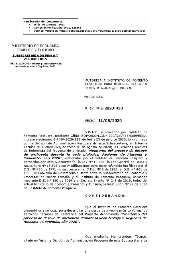 R. EX. Nº E-2020-430 Monitoreo del proceso de desove de anchoveta durante la veda biológica, Regiones de Atacama y Coquimbo, año 2020. (Publicado en Página Web 12-08-2020)
