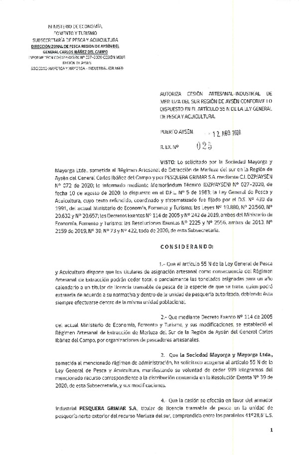 Res. Ex. N° 025-2020 (DZP Región de Aysén) Autoriza cesión Merluza del Sur (Publicado en Página Web 12-08-2020).
