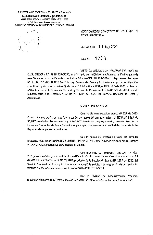 Res. Ex. N° 1773-2020 Modifica 	Res. Ex N° 527-2020, Autoriza Cesión Industrial-Artesanal unidad de pesquería Anchoveta y Sardina Común Regiones Valparaíso-Los Lagos conforme lo dispuesto en el artículo 55 T de la ley General de Pesca y Acuicultura (Publicado en Página Web 12-08-2020).