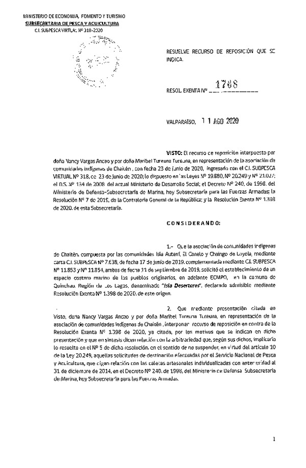 Res. Ex. N° 1768-2020 Resuelve recurso de reposición que se indica. (Publicado en Página Web 12-08-2020).