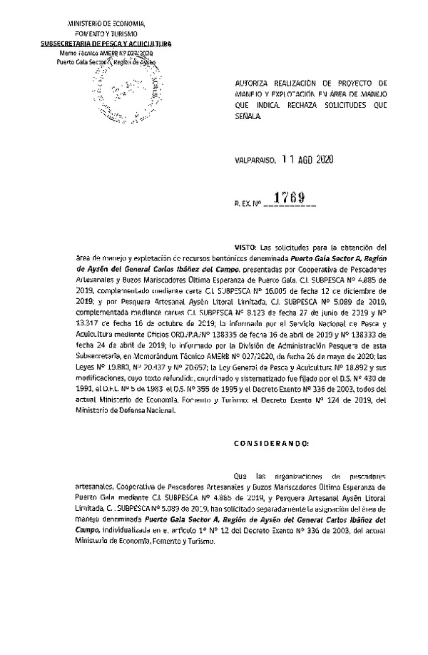 Res. Ex. N° 1769-2020 Proyecto de manejo. Rechaza solicitudes que señala. (Publicado en Página Web 12-08-2020).