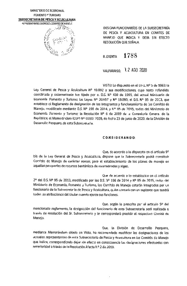 Res. Ex. N° 1788-2020 Designa Funcionarios de la Subsecretaría de Pesca y Acuicultura en Comités de Manejo que Indica. Deja sin Efecto Resolución que Señala. (Publicado en Página Web 13-08-2020)