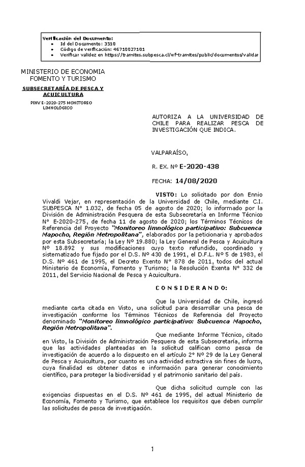 R. EX. Nº E-2020-438 Monitoreo limnológico participativo: Subcuenca Mapocho, Región Metropolitana. (Publicado en Página Web 17-08-2020)