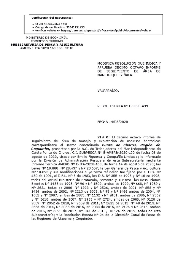 R. EX. Nº E-2020-439 Modifica Resolución que Indica. Aprueba  18° Seguimiento. (Publicado en Página Web 17-08-2020)