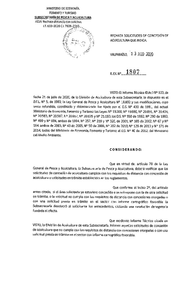 Res. Ex. N° 1807-2020 Rechaza solicitudes de concesión de acuicultura que indica.