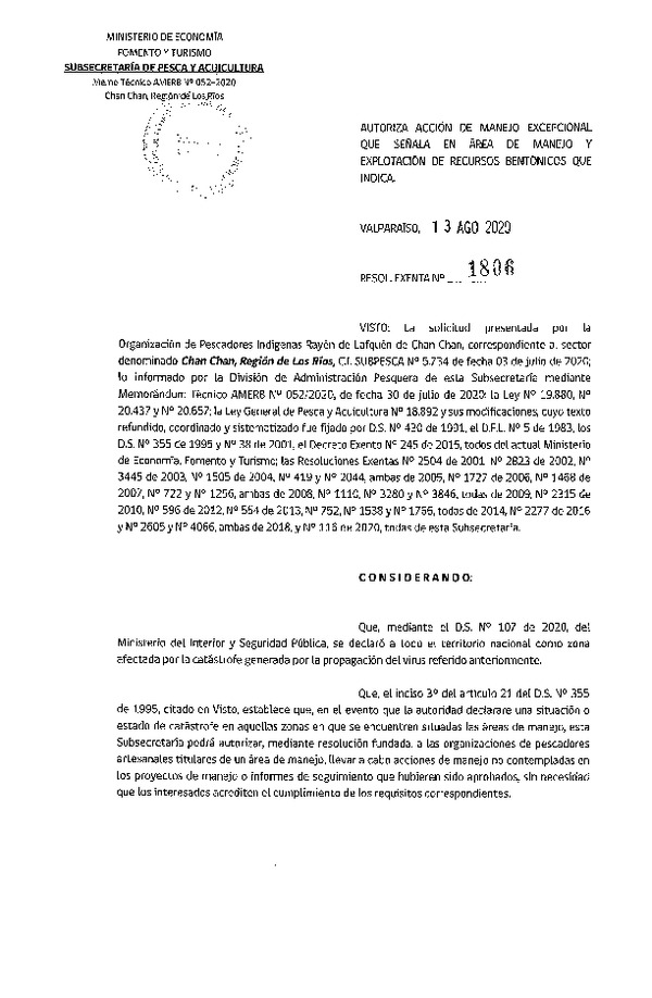 Res. Ex. N° 1806-2020 autoriza acción de manejo excepcional que señala. (Publicado en Página Web 17-08-2020)