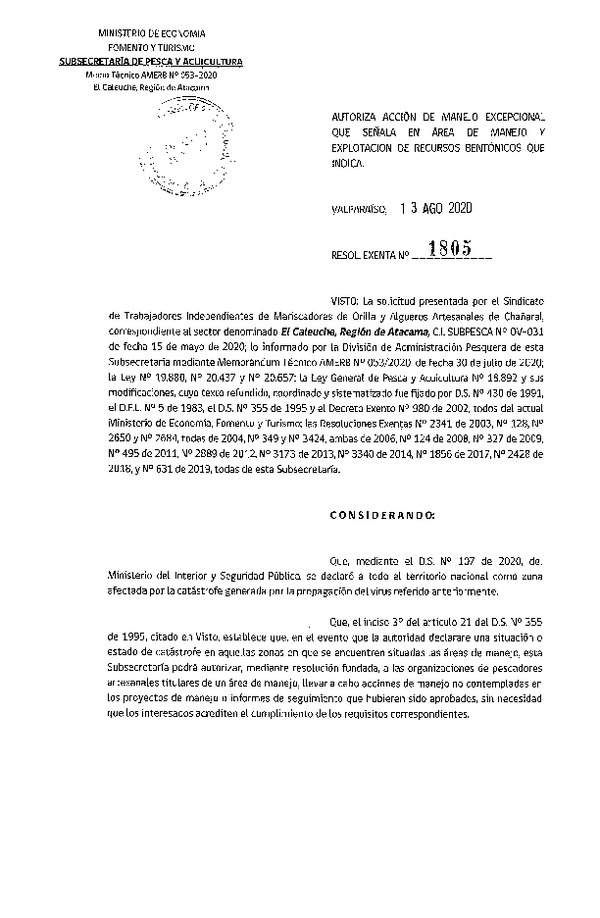 Res. Ex. N° 1805-2020 autoriza acción de manejo excepcional que señala. (Publicado en Página Web 17-08-2020)