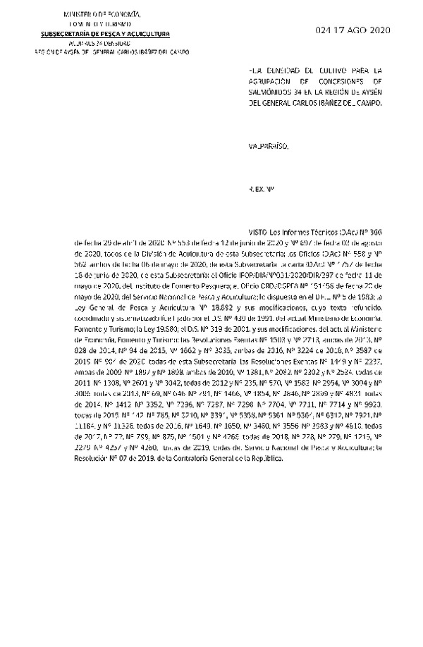 Res Ex N° DIG 024-2020, Fija densidad de cultivo para las agrupación de concesiones de salmónidos 34. (Publicado en Página Web 18-08-2020).