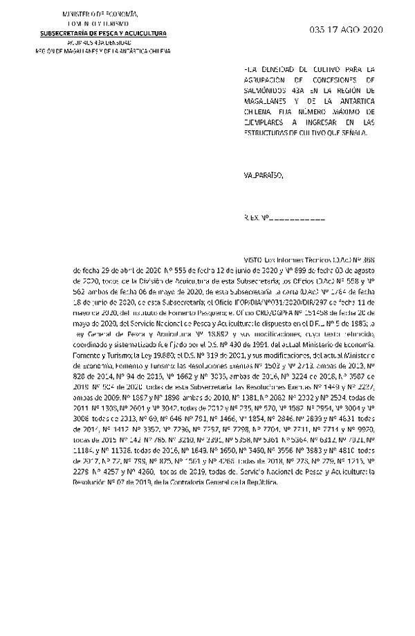 Res Ex N° DIG 035-2020, Fija densidad de cultivo para las agrupación de concesiones de salmónidos 43A. (Publicado en Página Web 18-08-2020).