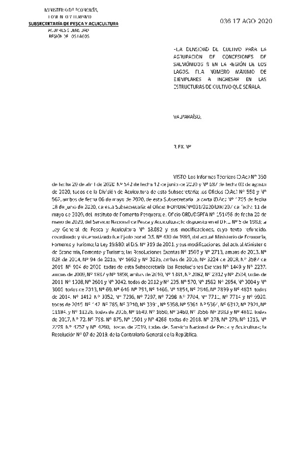 Res Ex N° DIG 036-2020, Fija densidad de cultivo para las agrupación de concesiones de salmónidos 8. (Publicado en Página Web 18-08-2020).