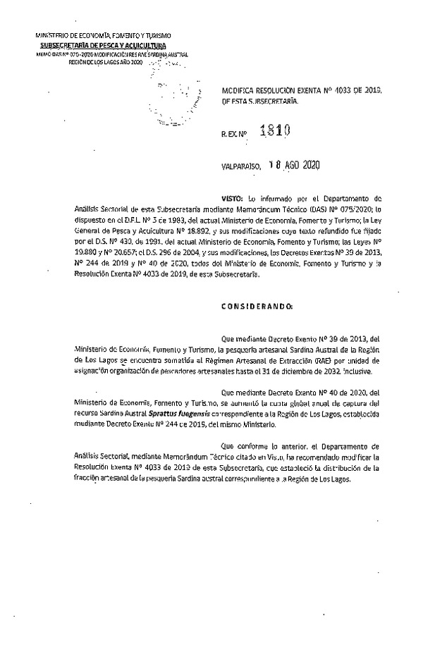 Res. Ex. N° 1810-2020 Modifica Res. Ex. N° 4033-2019 Distribución de la Fracción Artesanal de Pesquería de Sardina Austral, Región de Los Lagos, Año 2020. (Publicado en Página Web 18-08-2020)