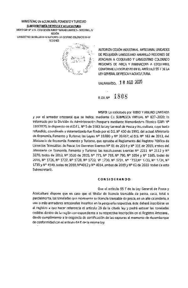 Res. Ex. N° 1808-2020 Autoriza cesión Langostino Amarillo Regiones de Atacama a Coquimbo y Langostino Colorado Regiones de Arica y Parinacota a Coquimbo. (Publicado en Página Web 18-08-2020)