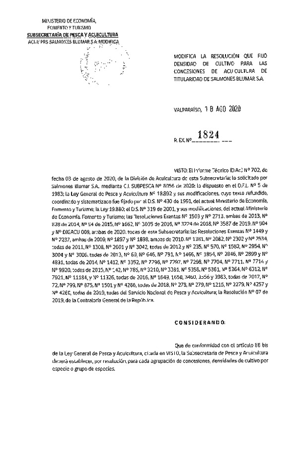 Res. Ex. N° 1824-2020 Modifica Res. Ex. DIG N° 009-2020, Fija densidad de cultivo para las concesiones de acuicultura de titularidad de Brumar S.A. (Publicado en Página Web 19-08-2020).