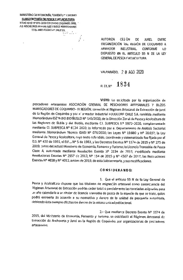Res. Ex. N° 1834-2020 Autoriza cesión pesquería jurel,Región de Coquimbo. (Publicado en Página Web 20-08-2020)
