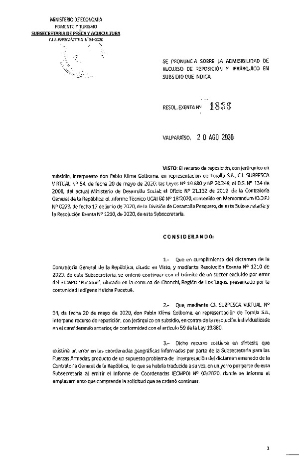 Res. Ex. N° 1836-2020 Se pronuncia sobre admisibilidad de recurso de reposición que indica. (Publicado en Página Web 20-08-2020)