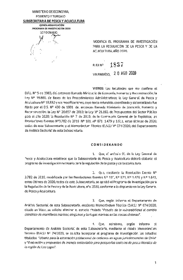 Res. Ex. N° 1837-2020 Modifica Res. Ex. N° 3782-2019 Aprueba Programa de Investigación para la Regulación de la Pesca y de la Acuicultura, Año 2020. (Publicado en Página Web 20-08-2020)