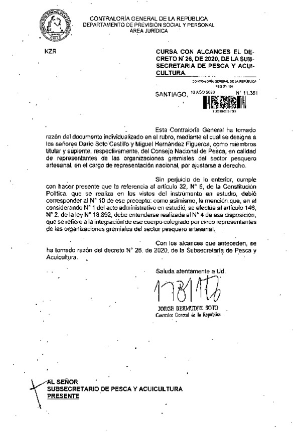 D.S. N° 26-2020 Oficializa Nominación de Miembro Titular y Suplente, en Cargo que se Indica, en el Consejo Nacional de Pesca. (Publicado en Página web 20-08-2020)