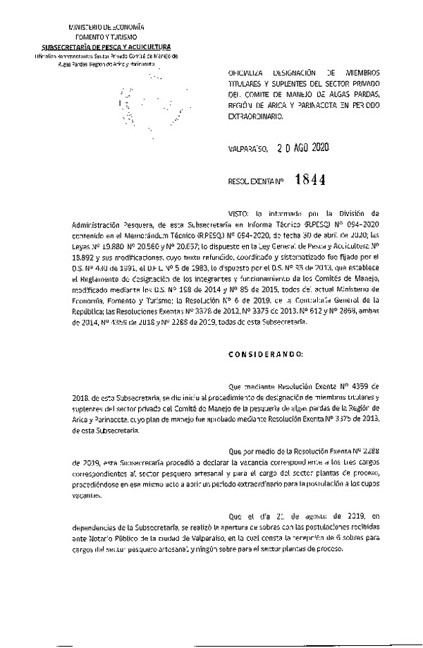 Res. Ex. N° 1844-2020 Oficializa Designación de Miembros del Comité de Manejo de Algas Pardas de la Región de Arica y Parinacota.  (Publicado en Página Web 20-08-2020)