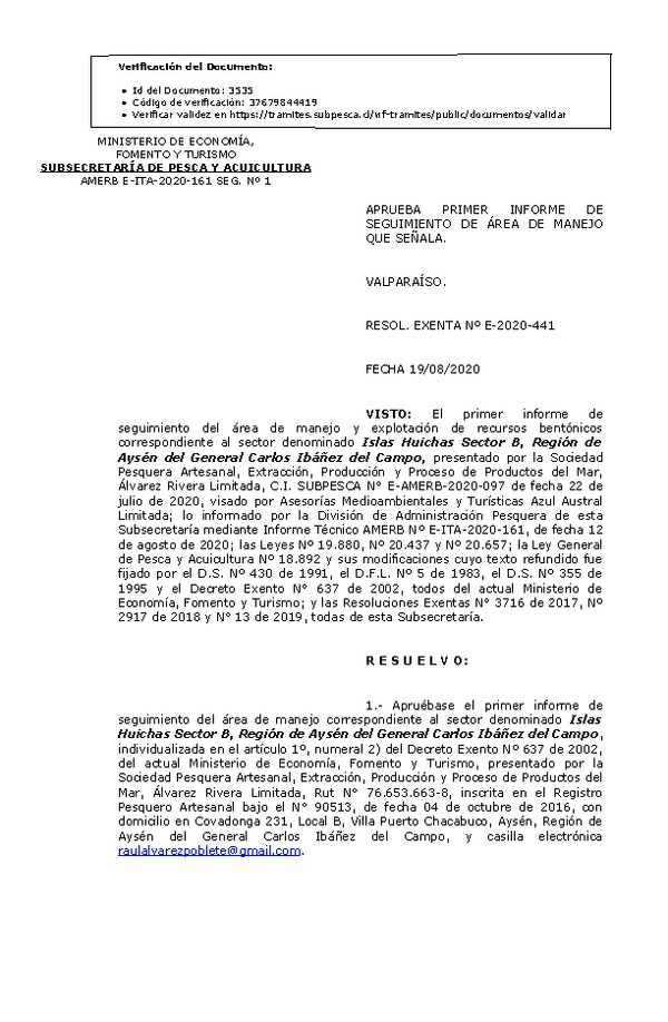 RESOL. EXENTA Nº E-2020-441 1° Seguimiento. (Publicado en Página Web 24-08-2020)