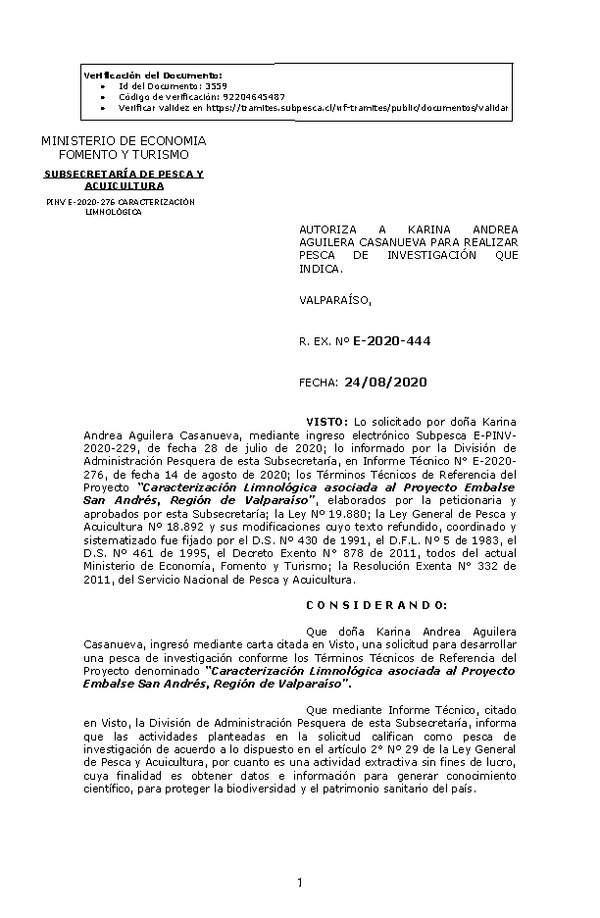 R. EX. Nº E-2020-444 Caracterización Limnológica asociada al Proyecto Embalse San Andrés, Región de Valparaíso. (Publicado en Página Web 24-08-2020)