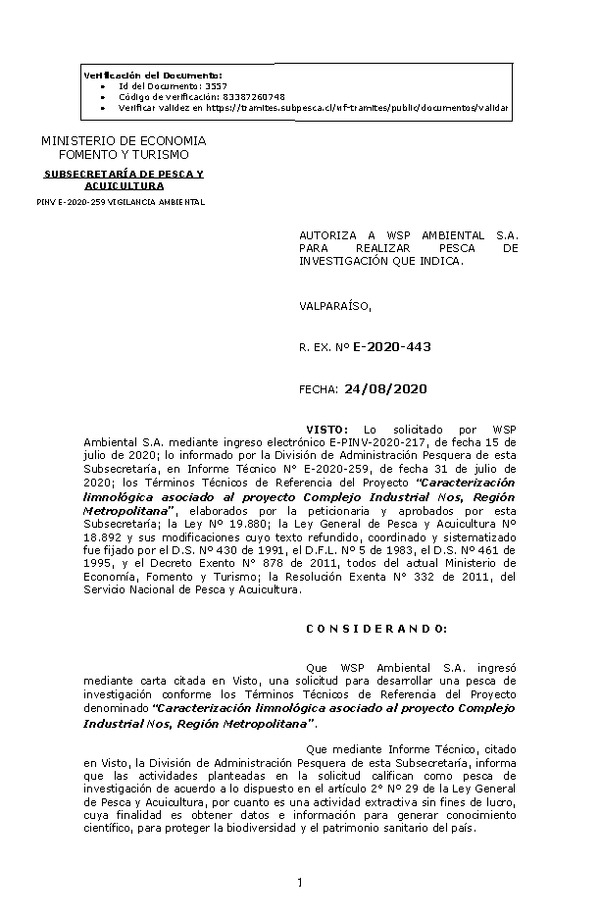 R. EX. Nº E-2020-443 Caracterización limnológica asociado al proyecto Complejo Industrial Nos, Región Metropolitana. (Publicado en Página Web 24-08-2020)