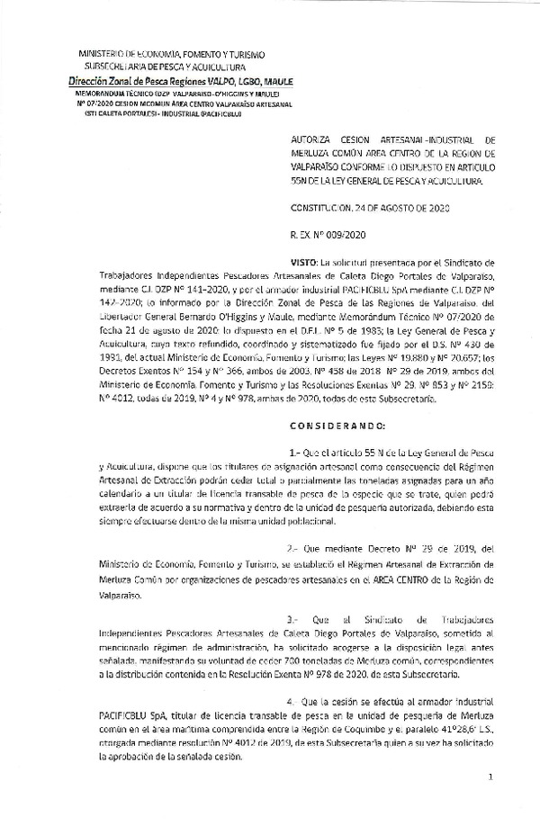Res. Ex. N° 09-2020 (DZP Regiones Valparaíso, O'Higgins y del Maule) Autoriza cesión Merluza común, Región de Valparaíso. (Publicado en Página Web 24-08-2020)