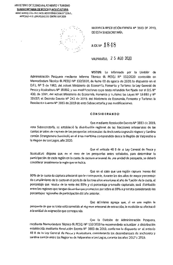 Res. Ex. N° 1848-2020 Modifica Res. Ex. N° 3883-2019 Distribución de la Fracción Artesanal de Pesquería de Anchoveta y Sardina Común, Regiones Valparaíso a Los Lagos, Año 2020. (Publicado en Página Web 26-08-2020)