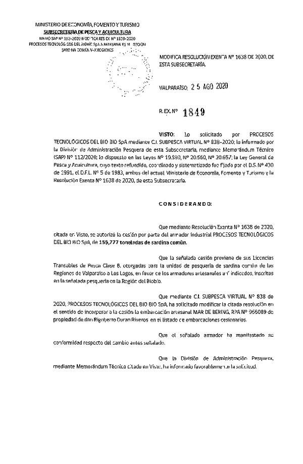 Res. Ex. N° 1849-2020 Modifica Res. Ex. N° 1638-2020 Autoriza Cesión anchoveta y sardina común Regiones Valparaíso-Los Lagos (Publicado en Página Web 25-08-2020).