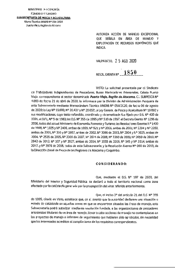 Res. Ex. N° 1850-2020 Autoriza acción de manejo excepcional. (Publicado en Página Web 26-08-2020)