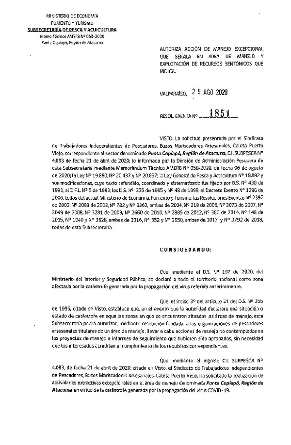 Res. Ex. N° 1851-2020 Autoriza acción de manejo excepcional. (Publicado en Página Web 26-08-2020)