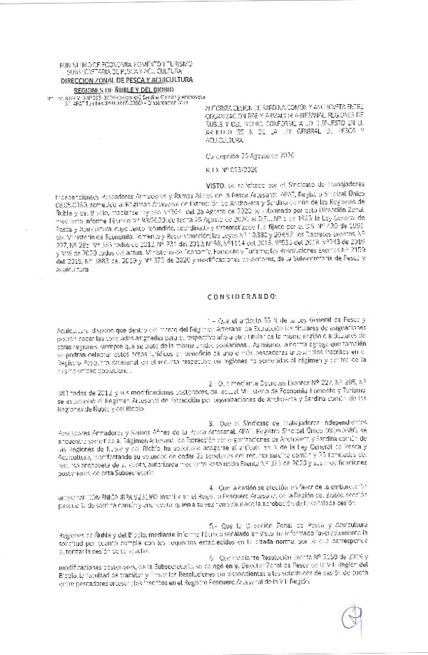 Res Ex N° 0093-2020, (DZP Biobío-Ñuble), Autoriza cesión Sardina Común y Anchoveta Región de Ñuble-Biobío (Publicado en Página Web 26-08-2020)