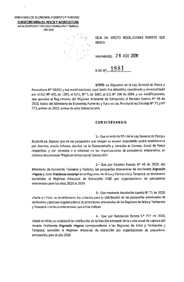 Res. Ex. N° 1881-2020 Deja sin Efecto Res. Ex. N° 71 y N° 772, Ambas de 2020. (Publicado en Página Web 27-08-2020)