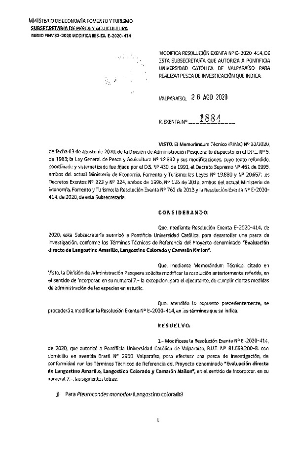 Res. Ex. N° 1884-2020 Modifica R. EX. Nº E-2020-414 Evaluación directa de Langostino Amarillo, Langostino Colorado y Camarón Nailon. (Publicado en Página Web 27-08-2020)