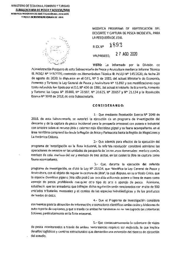 Res. Ex. N° 1892-2018 Modifica Programa de Investigación del Descarte y Captura de Pesca Incidental, Pesquería de Jibia. (Publicado en Página Web 27-08-2020)