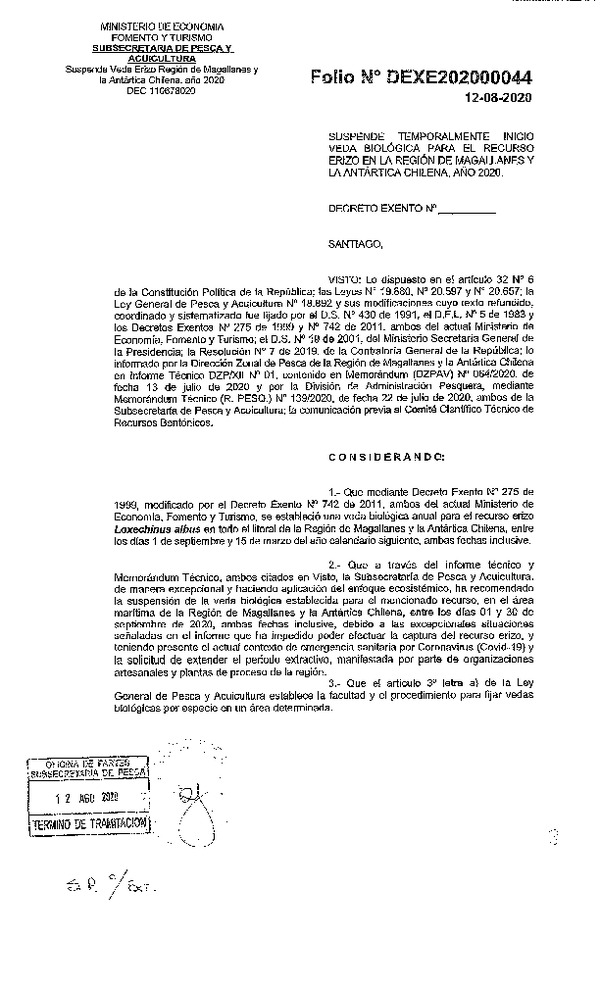 Dec. Ex. N° 044-2020 Suspende Temporalmente Inicio Veda Biológica para el Recurso Erizo, Región de Magallanes y la Antártica Chilena, Año 2020. (Publicado en Página Web 27-08-2020)