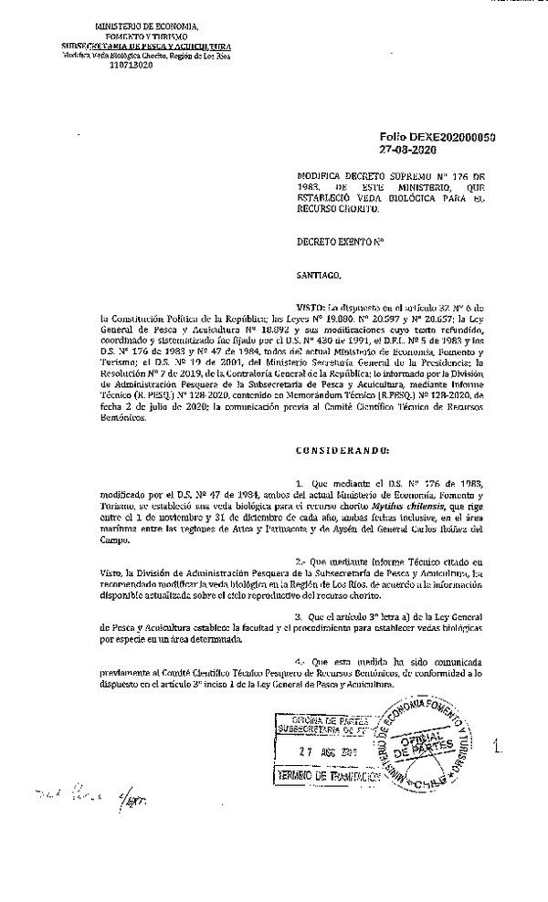 Dec. Ex. N° 050-2020 Modifica D.S. N° 176-1983 Que Estableció Veda Biológica Recurso Chorito. (Publicado en Página Web 27-08-2020)