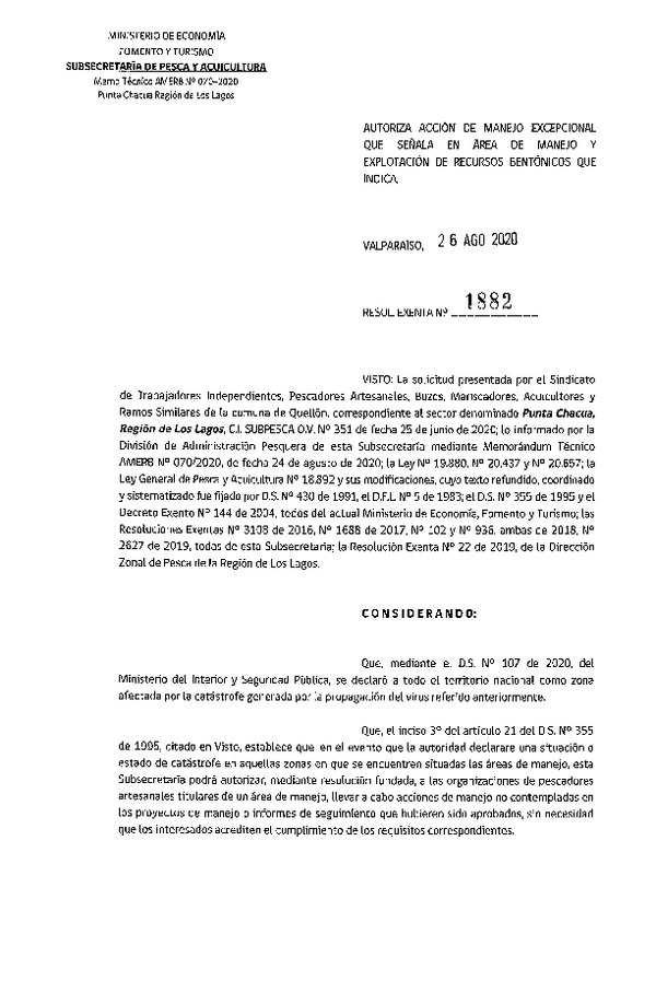 rES. eX. n° 1882-2020 Autoriza acción de manejo excepcional que señala. (Publicado en Página Web 28-08-2020)