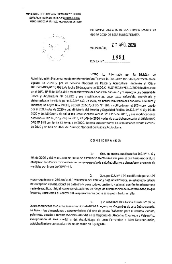 Res. Ex. N° 1891-2020 Prorroga Vigencia Resolución Exenta N° 609-2020. (Publicado en Página Web 28.08-2020)