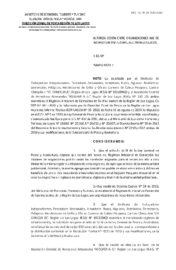 Res. Ex. DIG N° 01-2020 (DZP Los Lagos) Autoriza cesión sardina austral Región de Los Lagos. (Publicado en Página Web 28-08-2020)