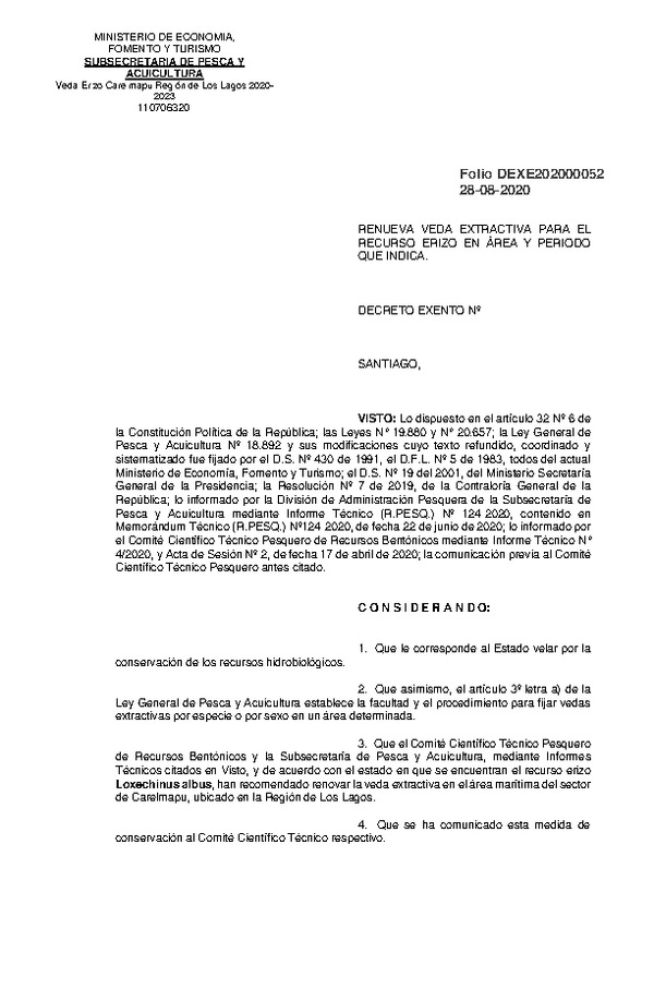 Dec. Ex. N° 052-2020 Renueva Veda Extractiva para el Recurso Erizo, Región de Los Lagos, Año 2020. (Publicado en Página Web 28-08-2020)