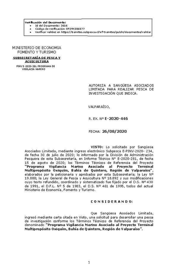 R. EX. Nº E-2020-446 Programa Vigilancia Marino Asociado al Proyecto Terminal Multipropósito Oxiquím, Bahía de Quintero, Región de Valparaíso. (Publicado en Página Web 31-08-2020)