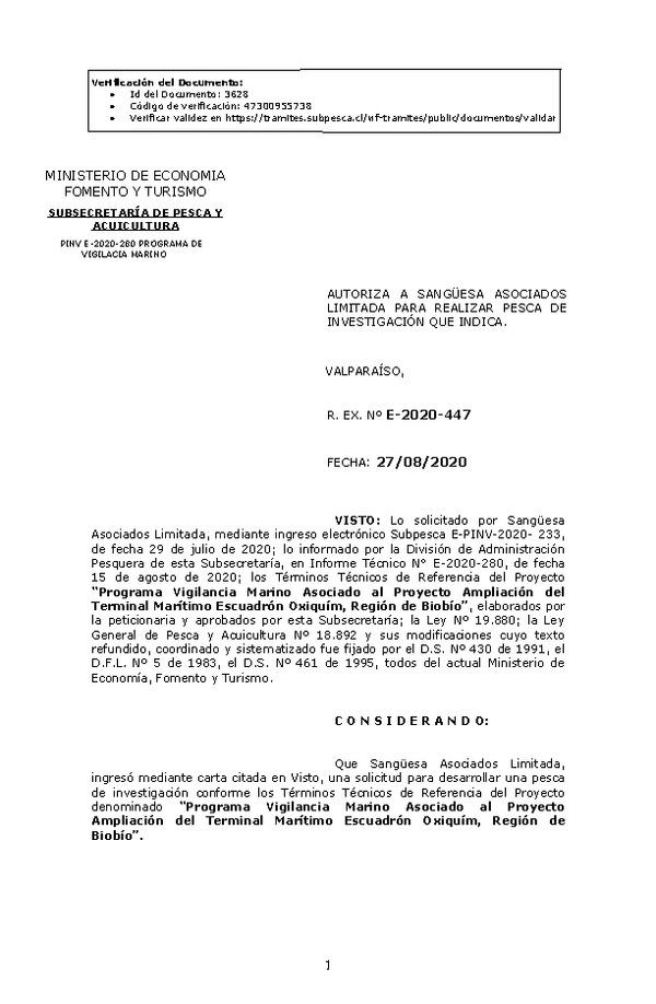 R. EX. Nº E-2020-447 Programa Vigilancia Marino Asociado al Proyecto Ampliación del Terminal Marítimo Escuadrón Oxiquím, Región de Biobío. (Publicado en Página Web 31-08-2020)